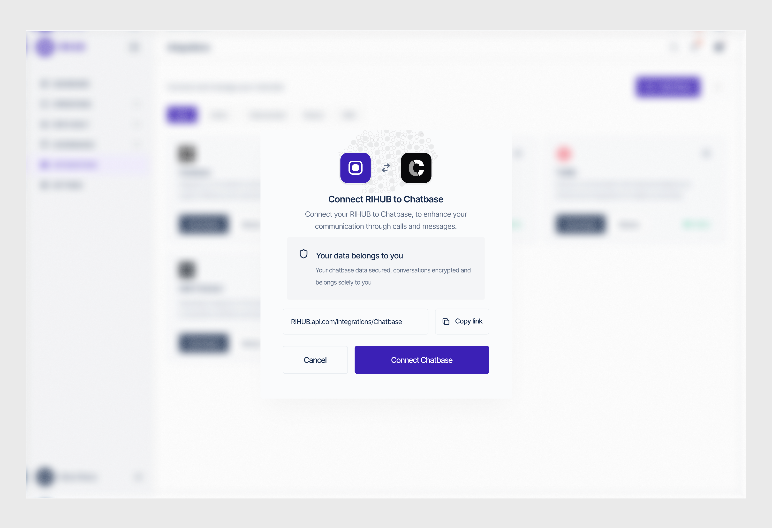 Connect RIHUB to Chatbase Integration Modal
